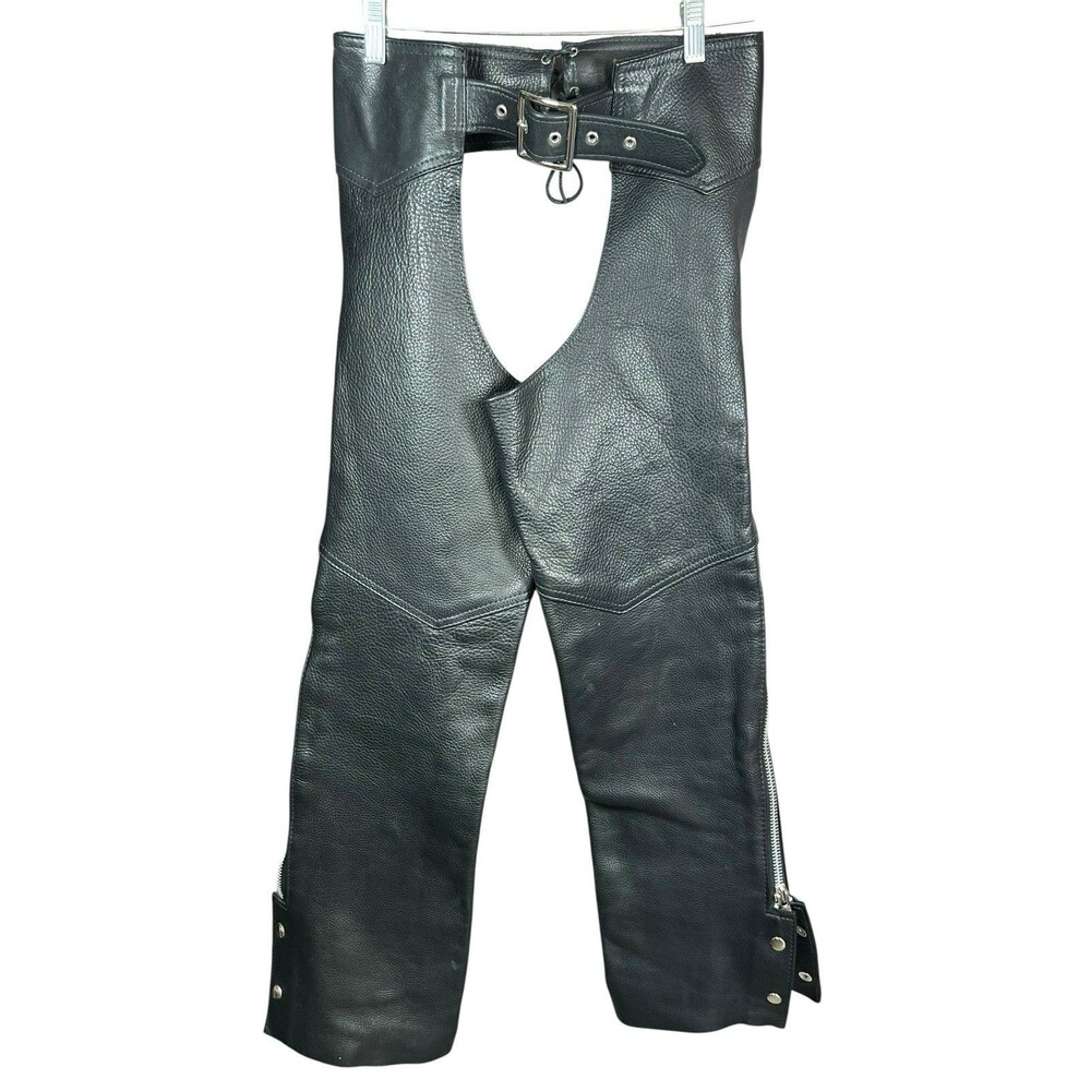 Unisex Black Leather Motorcycle Chaps XS Suede Lined Genuine‎ Cowhide Biker USA